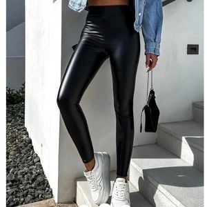 Kiss Pink Faux Leather Fleece Lined Black High-Waisted Leggings